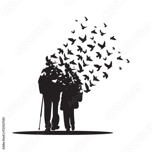 Old couple with birds silhouettes