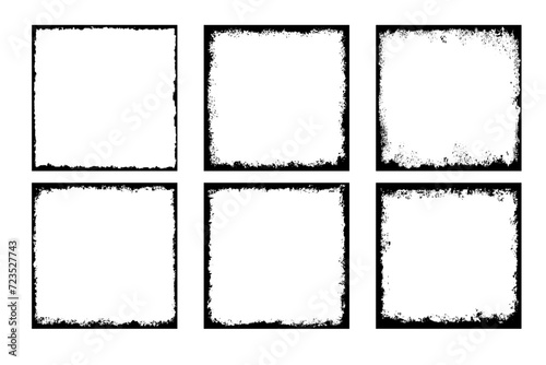 Grunge square frame set. Grunge border. Ink empty black boxes. Vector illustration isolated on white background.