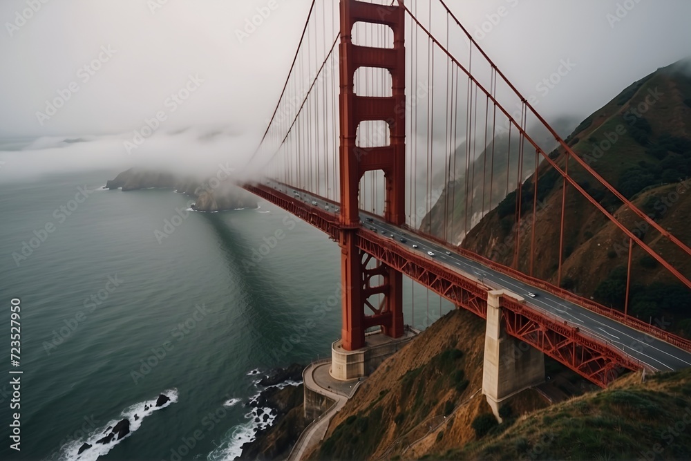Aerial drone shots of the Golden Gate Bridge enveloped in fog, San Francisco, USA. 