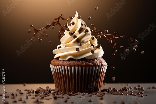 Delicious cupcake with chocolate frosting on table on brown background.