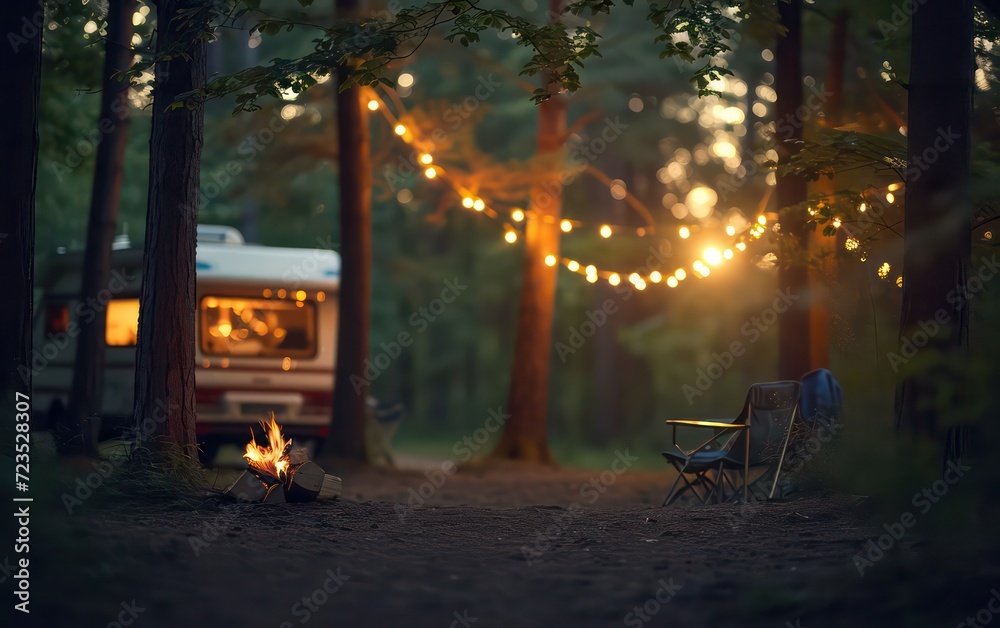 Soft glow of a camping fireplace illuminates the surrounding woods. In the distance, the warm bokeh lights of a camping car twinkle through the trees