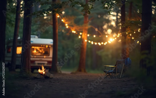 Soft glow of a camping fireplace illuminates the surrounding woods. In the distance, the warm bokeh lights of a camping car twinkle through the trees