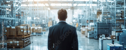 Businessman Overlooking Expansive Warehouse Operation. A suited businessman oversees a vast warehouse filled with goods, symbolising logistics management. photo