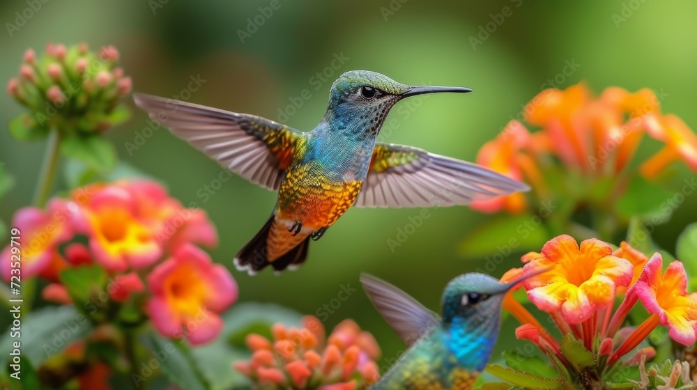 Hummingbirds hover around blooming flowers in a green forest in Costa Rica. natural habitat, beautiful hummingbird sucking nectar, colorful background Wildlife in tropical nature