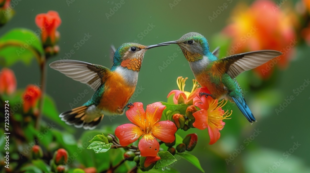 Fototapeta premium Hummingbirds hover around blooming flowers in a green forest in Costa Rica. natural habitat, beautiful hummingbird sucking nectar, colorful background Wildlife in tropical nature