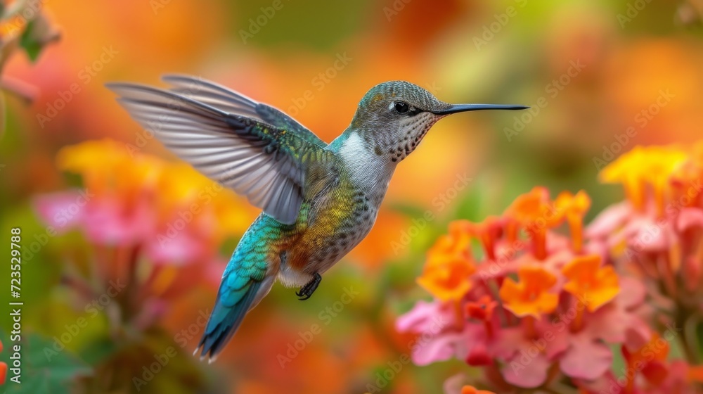 Fototapeta premium Hummingbirds hover around blooming flowers in a green forest in Costa Rica. natural habitat, beautiful hummingbird sucking nectar, colorful background Wildlife in tropical nature