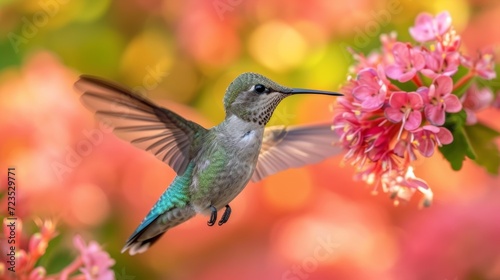 Hummingbirds hover around blooming flowers in a green forest in Costa Rica. natural habitat  beautiful hummingbird sucking nectar  colorful background Wildlife in tropical nature