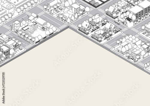 街並みの立体図. 都市の景観. 線画のイラスト.