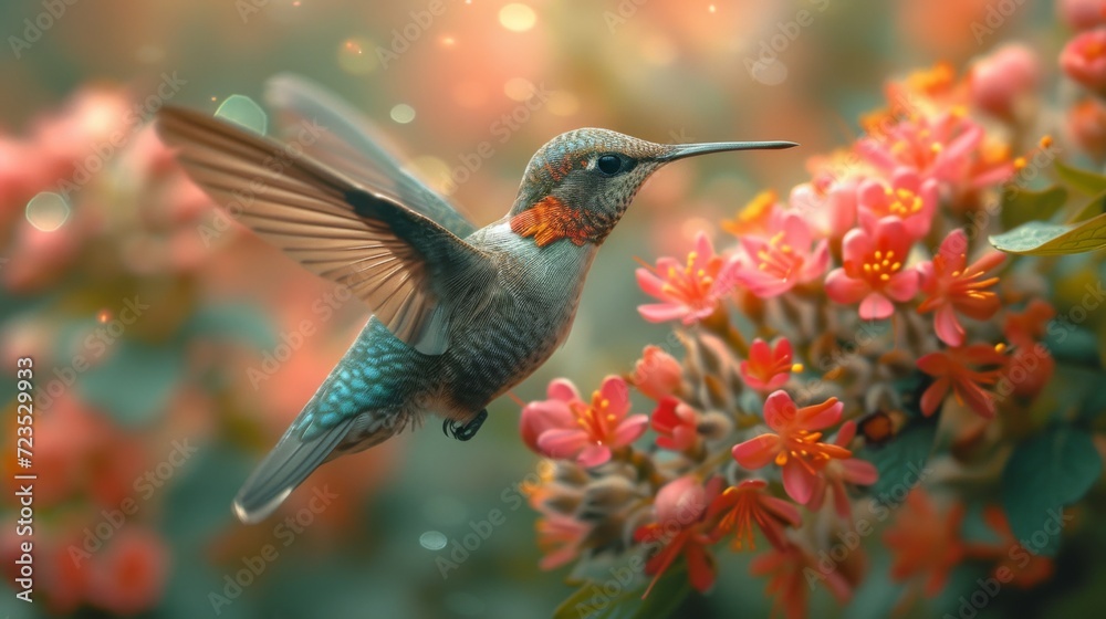 Hummingbirds hover around blooming flowers in a green forest in Costa Rica. natural habitat, beautiful hummingbird sucking nectar, colorful background Wildlife in tropical nature Hummingbirds hover around blooming flowers in a green forest in Costa Rica. natural habitat, beautiful hummingbird sucking nectar, colorful background Wildlife in tropical nature