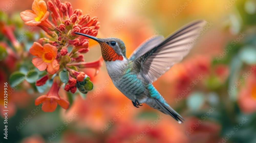 Fototapeta premium Hummingbirds hover around blooming flowers in a green forest in Costa Rica. natural habitat, beautiful hummingbird sucking nectar, colorful background Wildlife in tropical nature