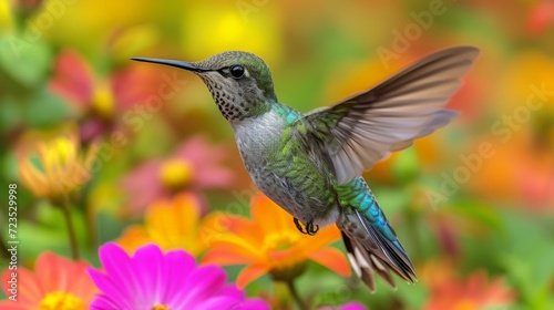 Hummingbirds hover around blooming flowers in a green forest in Costa Rica. natural habitat, beautiful hummingbird sucking nectar, colorful background Wildlife in tropical nature © ND STOCK