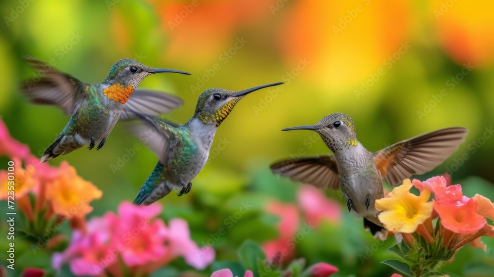 Hummingbirds hover around blooming flowers in a green forest in Costa Rica. natural habitat, beautiful hummingbird sucking nectar, colorful background Wildlife in tropical nature Hummingbirds hover around blooming flowers in a green forest in Costa Rica. natural habitat, beautiful hummingbird sucking nectar, colorful background Wildlife in tropical nature