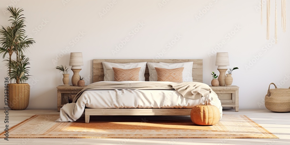 Boho-style mockup of bedroom interior with bed, carpet, table, and white wall background with decor. Boho-style mockup of bedroom interior with bed, carpet, table, and white wall background with decor.