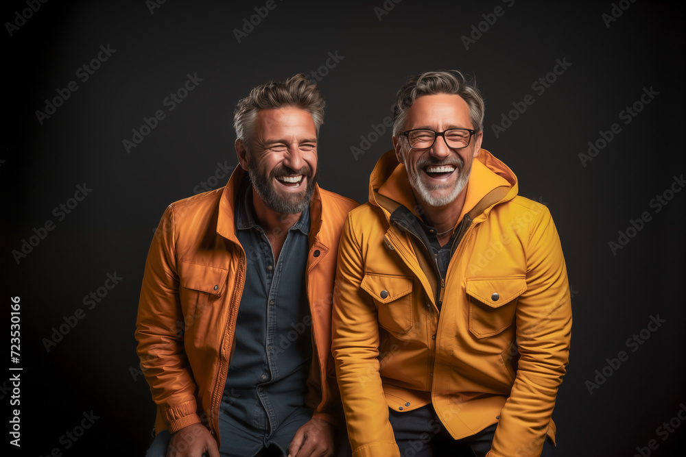 smiling men laughing while standing in studio smiling men laughing while standing in studio