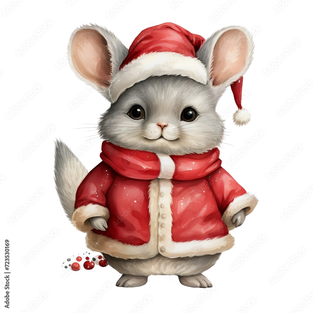 Water color of Grey chinchilla in red Christmas suit and wearing Santa hat. Water color of Grey chinchilla in red Christmas suit and wearing Santa hat.