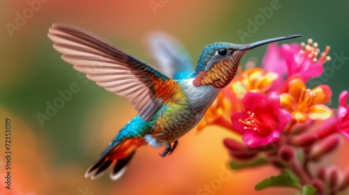 Hummingbirds hover around blooming flowers in a green forest in Costa Rica. natural habitat, beautiful hummingbird sucking nectar, colorful background Wildlife in tropical nature © ND STOCK