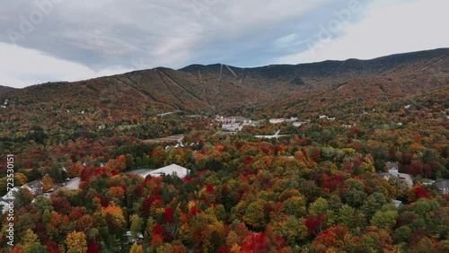 Panoramic View At Dusk Of Sugarbush Resort In Autumn Colors In Warren, Vermont. aerial shot photo