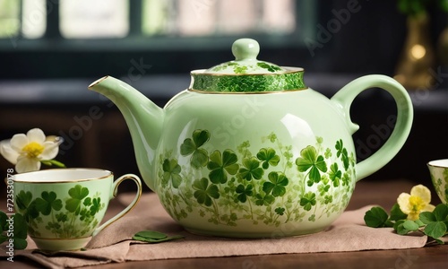 a beautiful teapot in pastel green tones  a green cup and saucer on the table  decorated with images of small leaves of trefoil clover