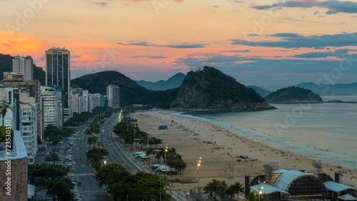 High angle sunset timelapse of boulevard traffic and people on Copacabana beach photo