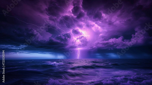 A Purple Storm Over an Ocean With Crackling Bolts of Lightning Cloudscape Backdrop