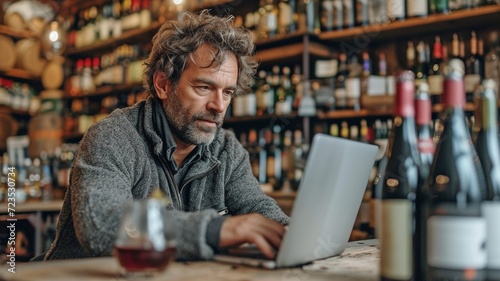 proprietor of a booze shop seated in front of an open laptop