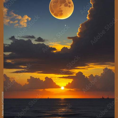 Soft pink color full moon in the night dark sky with light clouds above the sea with copy space © Fahad
