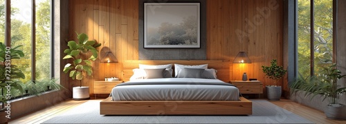 contemporary interior bedroom including a queen bed, bedside tables and a sliding door closet photo