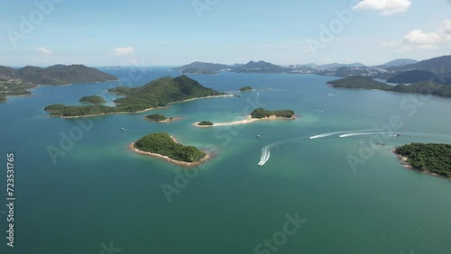 Sai Kung Sharp Island Sand Levee, natural beauty and geo heritage, rock were sculpted into by weathering processes and wave erosion in Kiu Tsui Chau Country Park, Hong Kong, aerial drone sky view photo