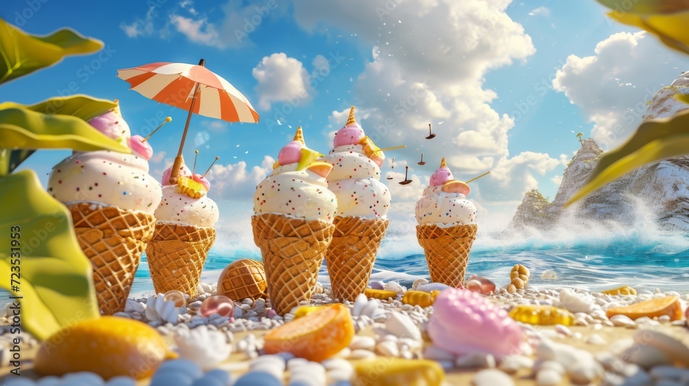 A group of ice cream cones having a picnic on the beach with sandwiches made of wafer cookies and fruit skewers made of candy. One cone is holding a tiny parasol to shield