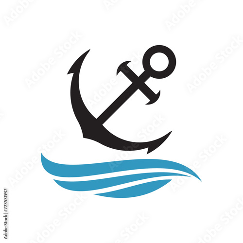 Anchor marine symbol with sea waves vector illustration. Nautical anchor design logo icon template