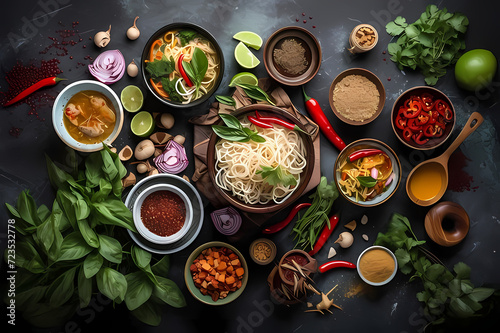 Photo asian food background with various ingredients on rustic stone background top view vietnam or tha