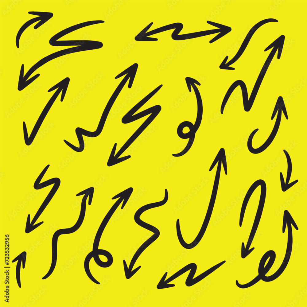 Hand drawn arrow vector icon set. arrow design sketch on yellow background.