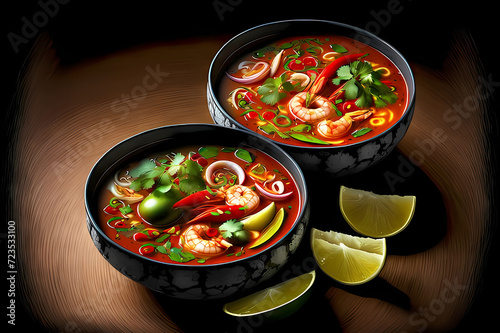 Photo two deep bowls with thai tom yam soup with bright tomato sauce and coconut