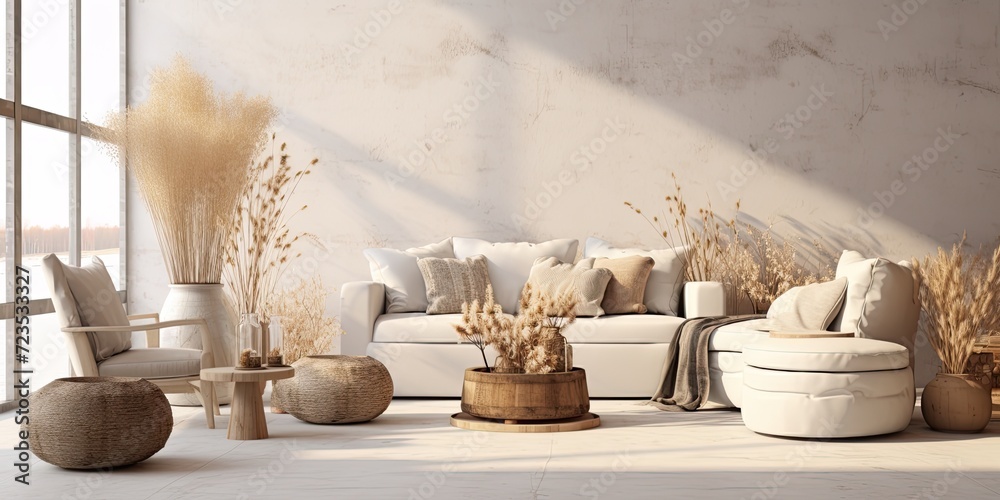 Spacious living area with white cozy seating and round table adorned with rustic vases of dried wildflowers. Spacious living area with white cozy seating and round table adorned with rustic vases of dried wildflowers.