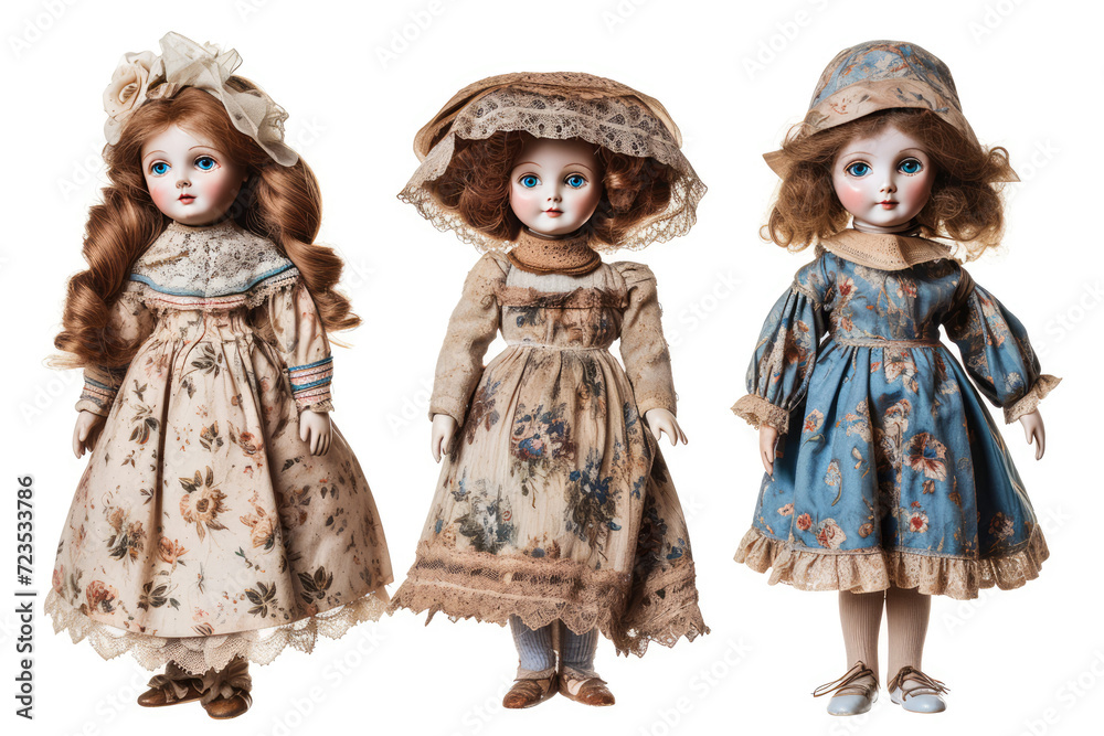 青い目の人形たち。懐かしい玩具のコレクション。Generative AI - obrazy, fototapety, plakaty 