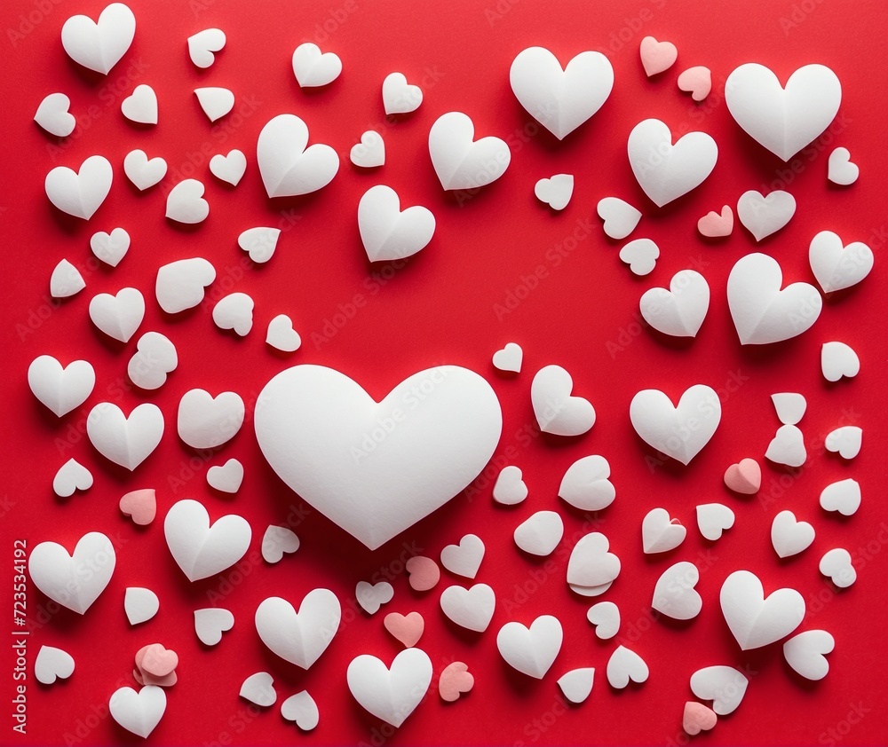 White paper hearts on a red background. Flat lay, top view White paper hearts on a red background. Flat lay, top view