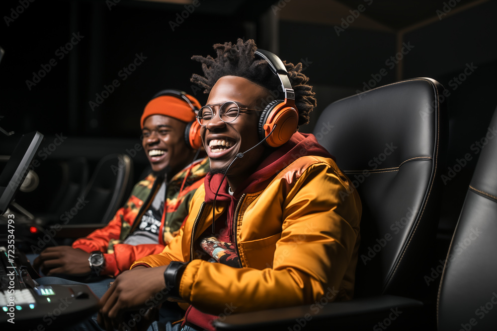 Two smiling boys with headphones while playing computer video games