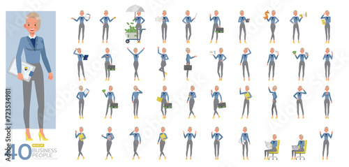 Big Set of working woman wear blue suit character vector design. Presentation in various action. People working in office planning, thinking and economic analysis.