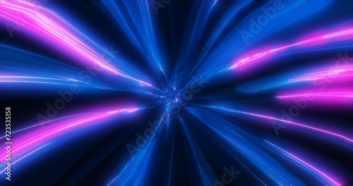 Energy hyper tunnel purple background with neon lights and stripes