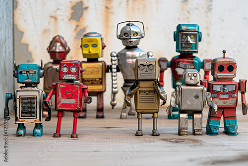 ブリキのロボット。懐かしい玩具のコレクション。Generative AI