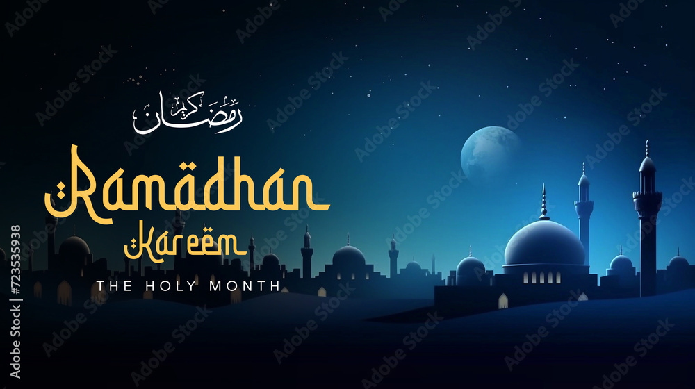 Naklejka premium Ramadan kareem poster template with mosque and beautiful night sky background