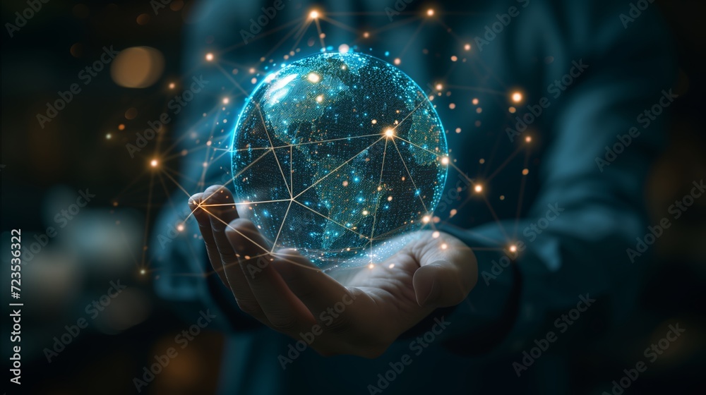 businessman holding Global network connection. Big data analytics and business intelligence concept. World map point and line composition concept businessman holding Global network connection. Big data analytics and business intelligence concept. World map point and line composition concept
