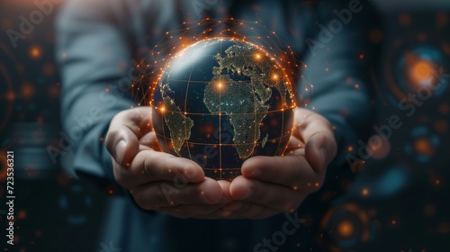 businessman holding Global network connection. Big data analytics and business intelligence concept. World map point and line composition concept