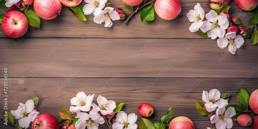 Spring flower with apple on wooden background. Spring flower with apple on wooden background.