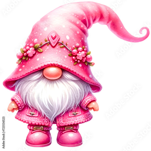 Gnome watercolor painting in pink for Valentine's Day. Cute sweet cartoon. 