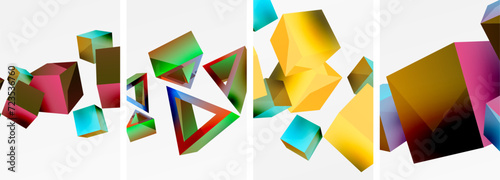 Composition of 3d cubes and other geometric elements background design for wallpaper, business card, cover, poster, banner, brochure, header, website