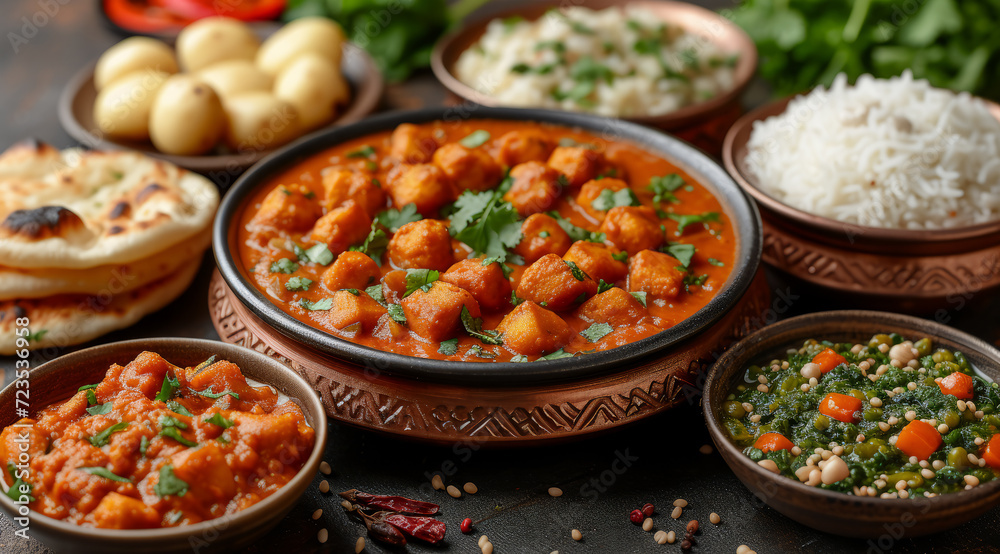 Colorful Kashmiri vegetarian meal featuring spicy curry, basmati rice, and naan bread, AI generated