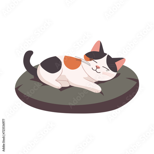 Cute cat sleeping on pet cushion cartoon isolated on white background.