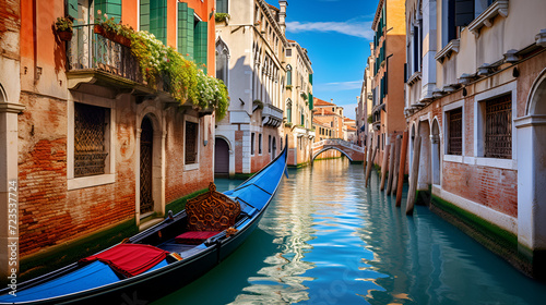 Images of canals in the city of Venice in Italy, travel, culture, boats, canals, water, daytime, buildings, houses, design, balconies, flowers, sky, clouds, colorful, AI-generated, © PHAP