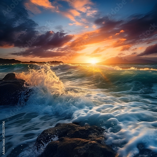 Beautiful ocean sunrise images, sun, dawn, ocean, water, sky, clouds, day, rocks, landscape, travel, colorful, AI-generated. © PHAP